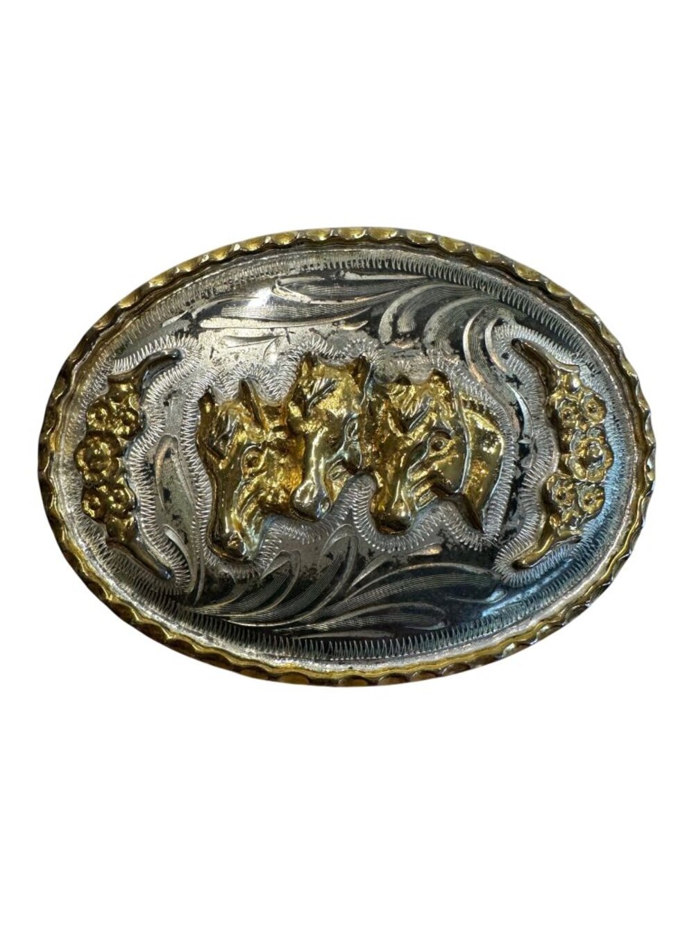 Vintage Three Horses Western Belt Buckle Alpaca Metal Mexico Silver Gold Tone